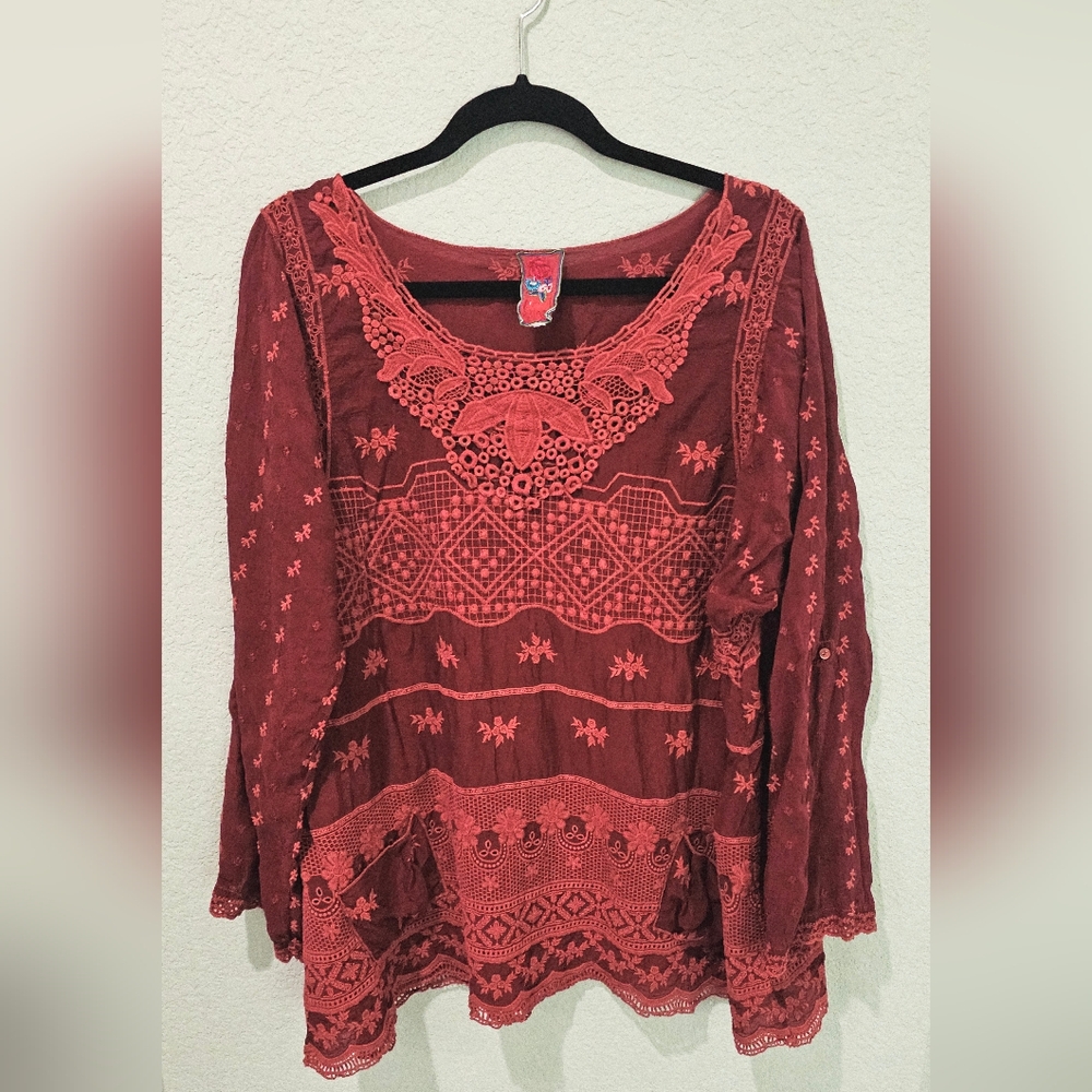 Johnny Was Women's Red Embroidered Tunic Top Maroon